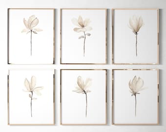 Set di 6 stampe da parete color tortora con magnolia, stampe floreali botaniche neutre per la galleria murale del soggiorno