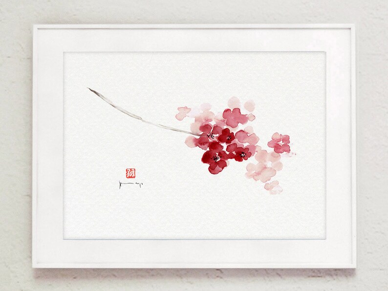 Fine art print of abstract watercolor painting cherry blossom hot pink flowers painting image 2