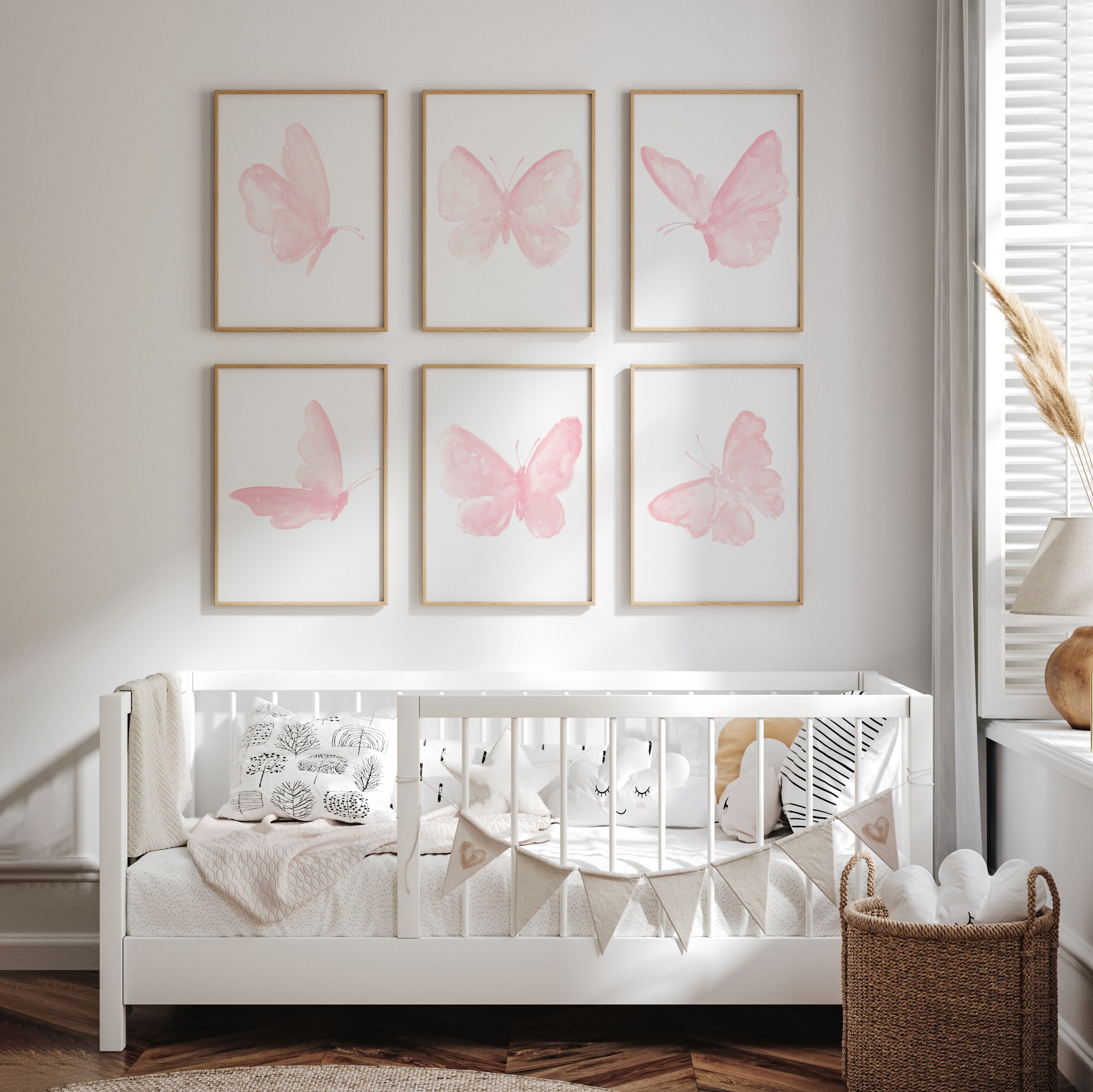 Butterfly Art Print Nursery Set of 6 Butterflies, Baby Pink Wall Art ...