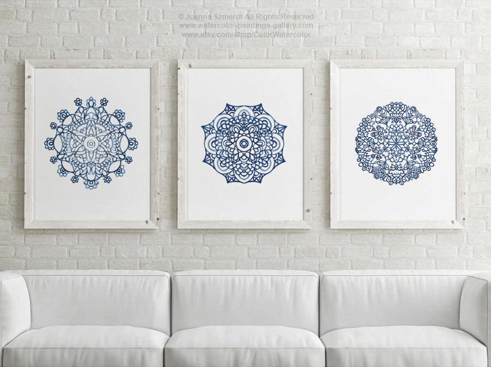 Mandala Wall Art Set of 3 Prints Navy Blue Mandala Print Set - Etsy