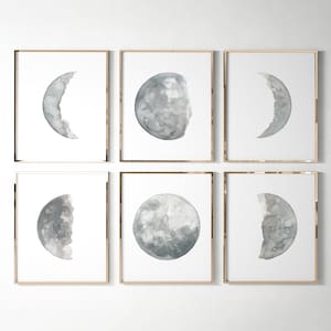 Moon Phases, Moon Art Decor, Moon Prints Minimalist Wall Art, Abstract Painting Living Room Poster, set of 6 Watercolor Artworks