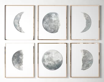 Månfaser, månkonstdekor, måntryck minimalistisk väggkonst, abstrakt målning vardagsrumsaffisch, set med 6 akvarellkonstverk