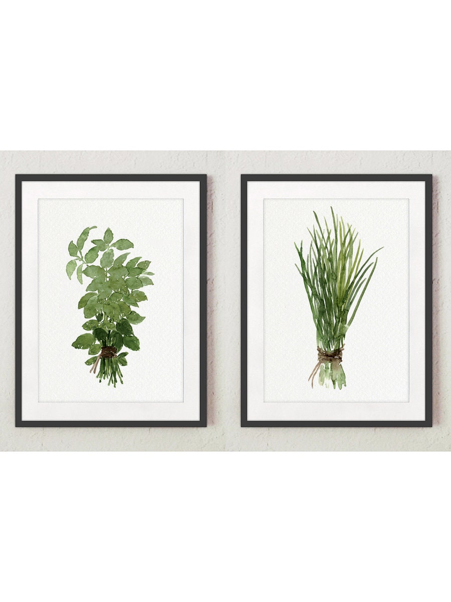 Basil Chive Herbs Bundle Greenery Herb Art Print Kitchen Wall Decor ...