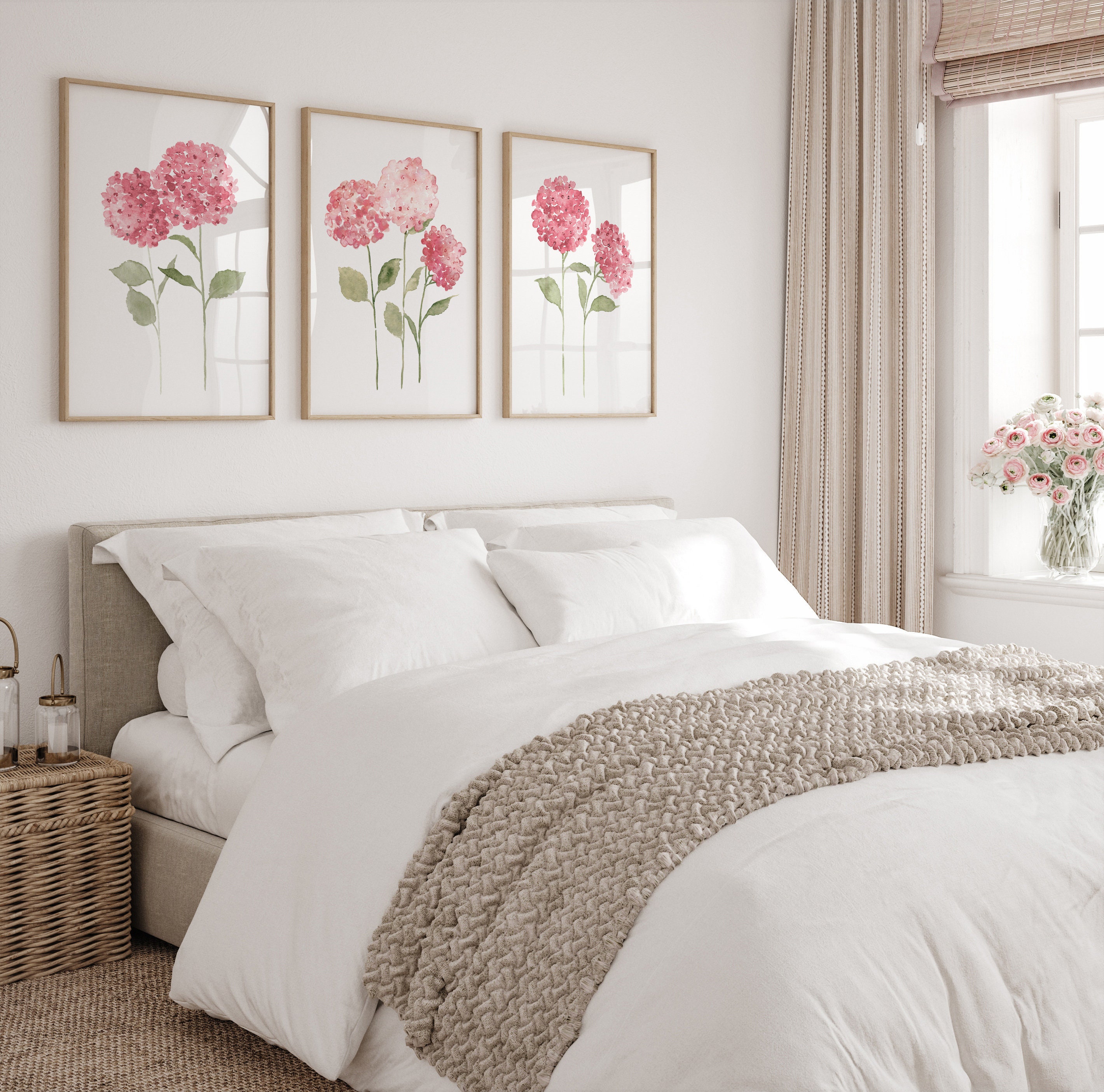 Hydrangea Wall Art, Pink Home Decor, Abstract Floral Poster, Set of 3 ...