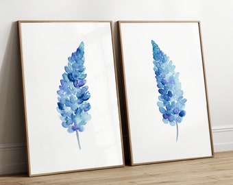 Bluebonnet Wall Art, Blue Flower Painting, Floral Home Decor, Bluebonnet Watercolor set of 2, Modern Art Print, Botanical Poster