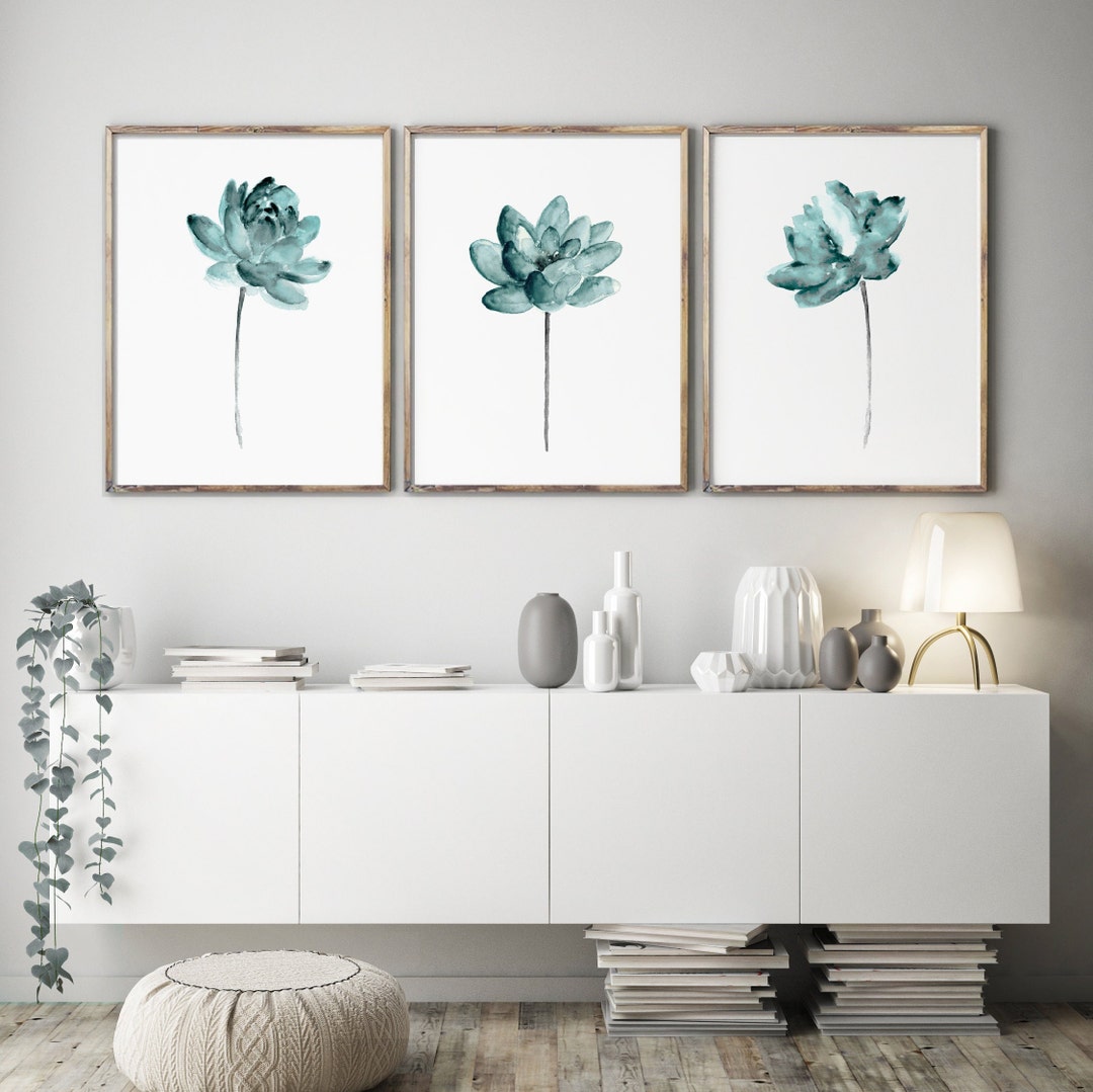 Lotus Wall Art, Green Lotus Flower, Floral Art Print Set of 3, Teal ...
