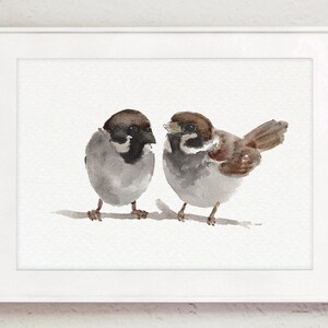 May include: Watercolor painting of two brown and gray sparrows perched on a branch. The sparrows are facing each other and appear to be talking.