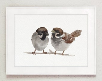 Bird Home Decor, Cottage Chic Painting, two Birds Wall Art, Brown & Beige Farmhouse Watercolor, Minimalist Home Decor, Entryway Art Print