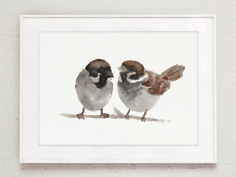 May include: Watercolor painting of two brown and gray sparrows perched on a branch. The sparrows are facing each other and appear to be talking.