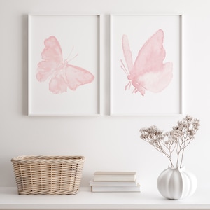 Impresión artística de mariposas, arte de pared de mariposas, decoración de dormitorio rosa, póster de mariposas en rosa ruborizado para sala de estar, juego de decoración minimalista para guardería de 2