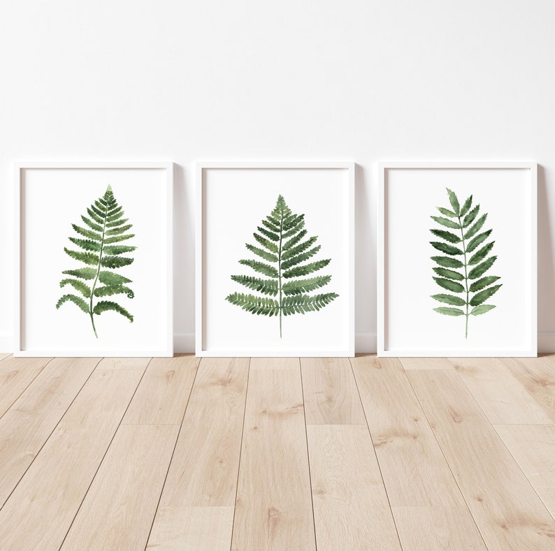 Fern Wall Art, Green Art Print, Fern Watercolor Painting, Leaf Botanical Art, Abstract Prints set of 3, Living Room Wall Decor image 6