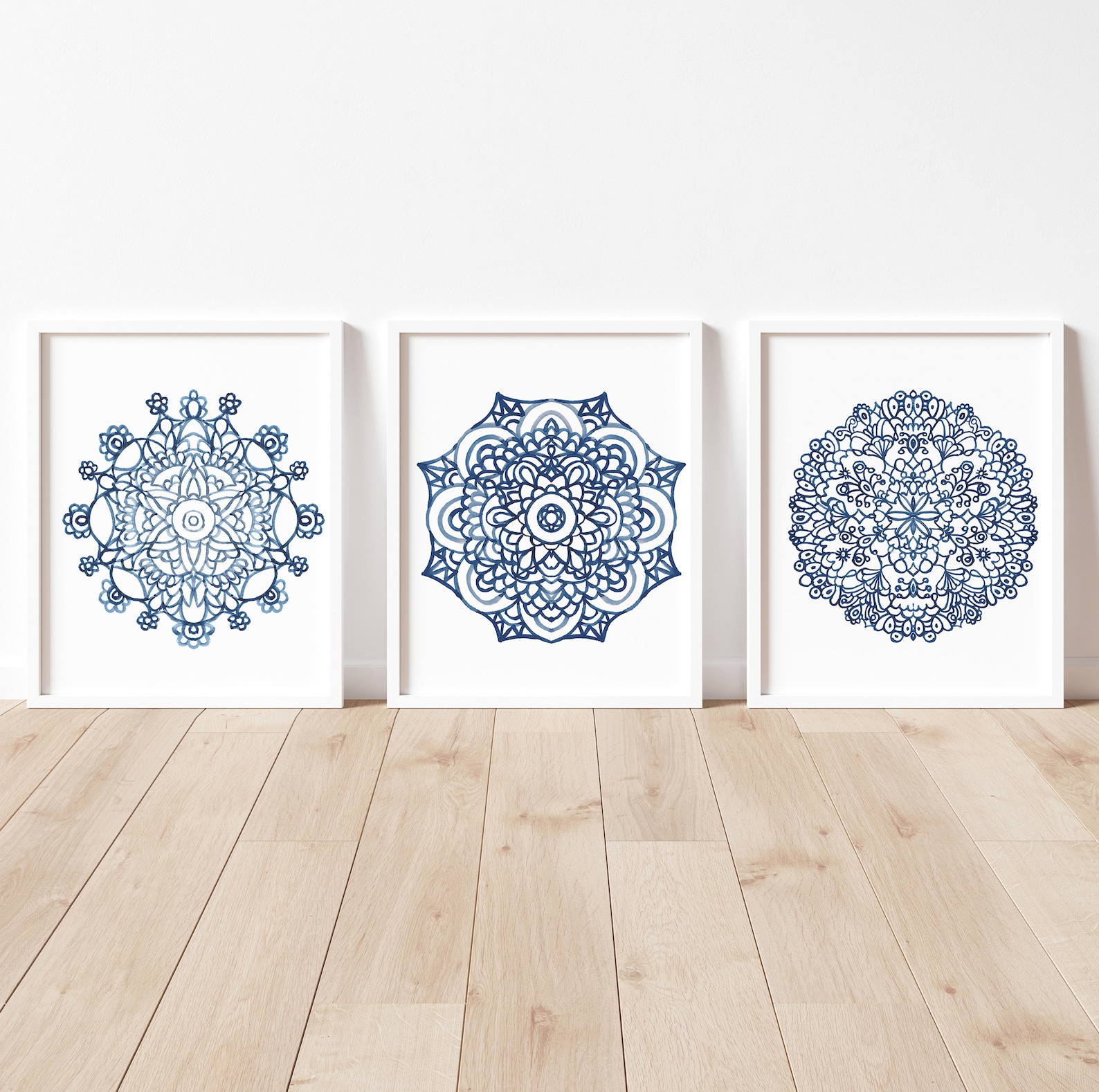 Mandala Wall Art Set of 3 Prints, Navy Blue Mandala Print Set of 3 ...