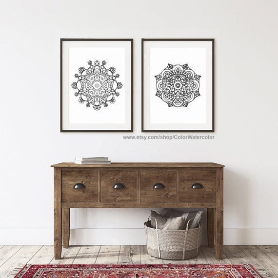 Mandala set of 2 Prints Mandala Wall Art Grey Geometric | Etsy