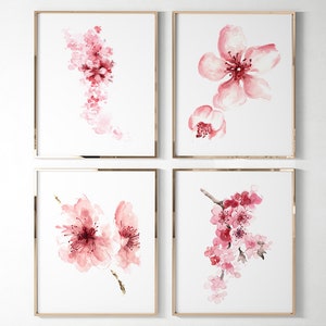 Cherry Blossom Art Print, Cherry Blossom Painting, Cherry Blossom Wall Art, Pink Cherry Blossom Flower set of 4 Prints Mothers DayPainting image 6