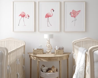 Flamingo Art Print, Extra Large Square Vertical Poster, Glamour Trendy Nursery Decor, Perfect New Baby Girl Gift, set of 3 Flamingo Birds
