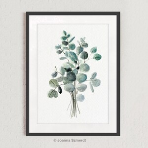 May include: Watercolor painting of a bouquet of eucalyptus leaves in shades of green. The leaves are arranged in a loose, organic style, and the painting has a soft, ethereal feel.