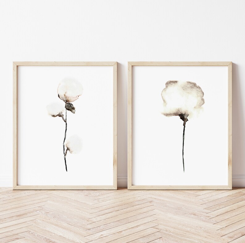 Cotton Wall Art, Cotton Art Print, Floral Painting, Cotton Home Decor, Cotton Wall Decor, White Home Decor set of 2 Cotton image 5