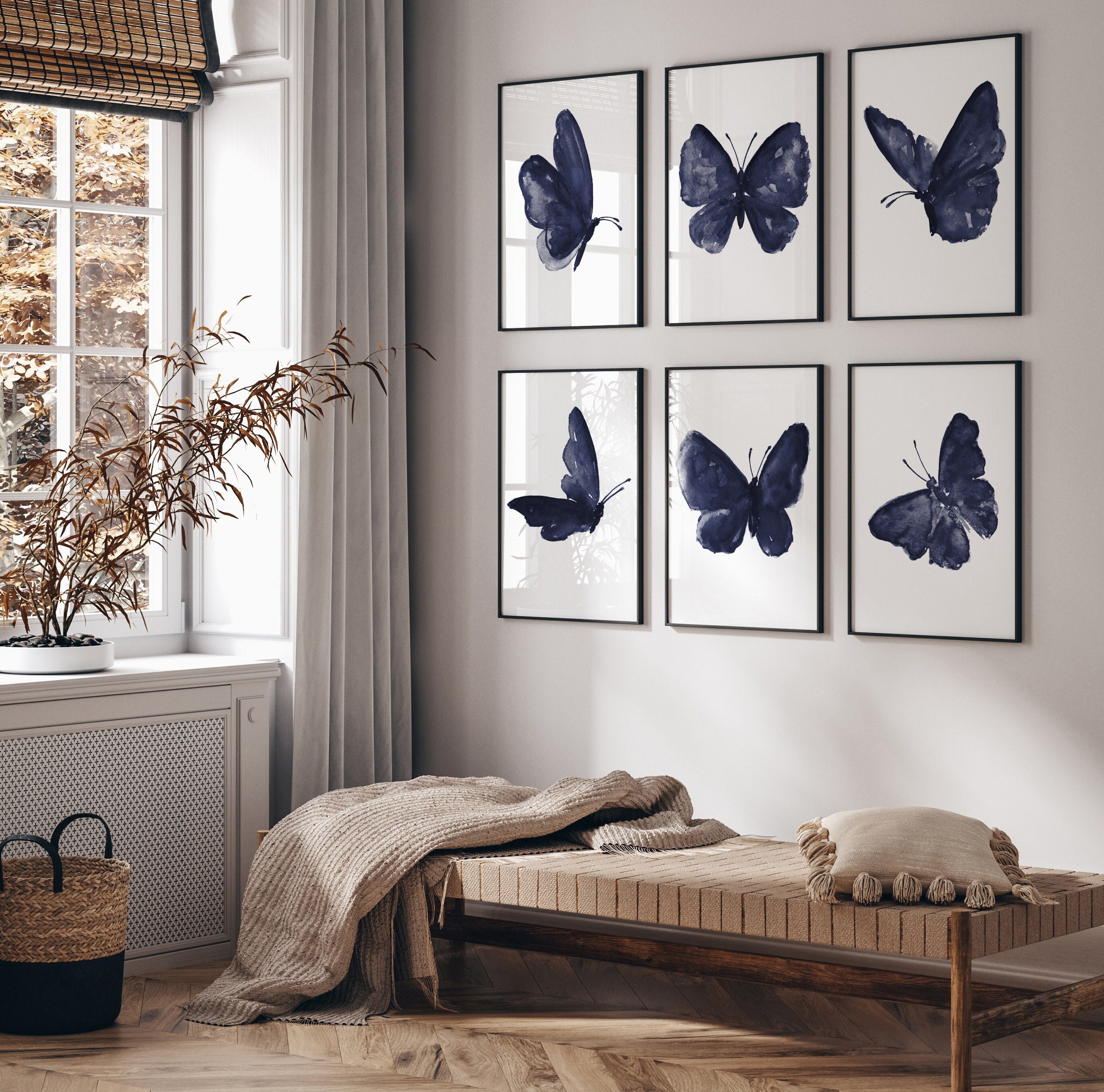 Butterfly Art Print Nursery Set of 6 Butterflies, Navy Blue Wall Art ...