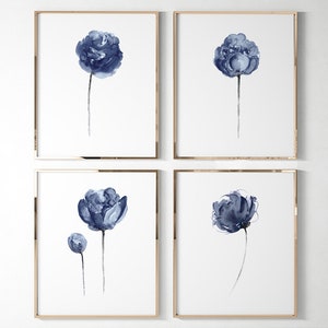 Navy Blue Peony Wall Art set of 4