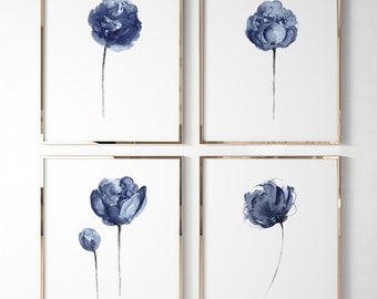 Navy Blue Peony Wall Art set of 4