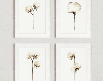 White Cotton Painting Watercolor Wall Art set of 4