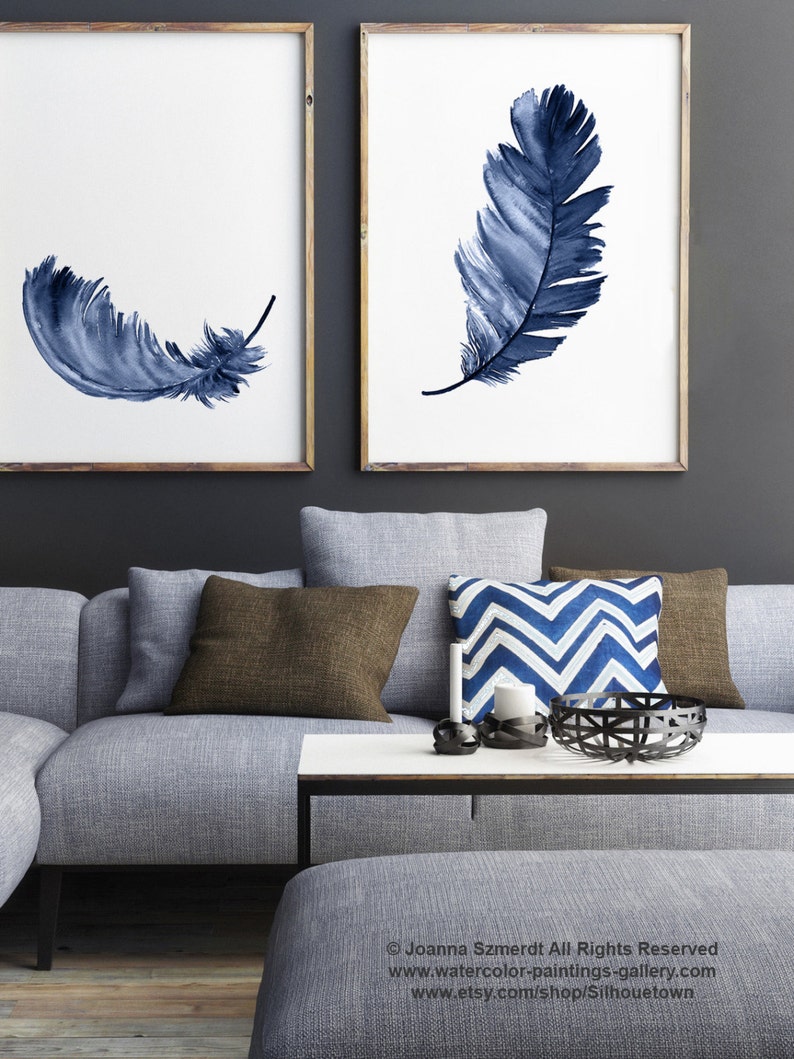 Impression De Plume Bleu Royal Ensemble 2 Peinture Aquarelle Etsy
