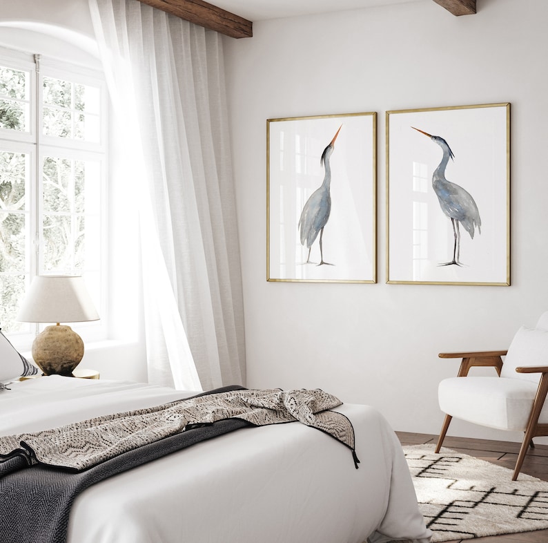 Extra Large Painting, Heron Wall Art, Heron Prints, Heron Art, Blue Heron Great Heron Print, Egret Print, Lake Bird Prints, set of 2 image 6