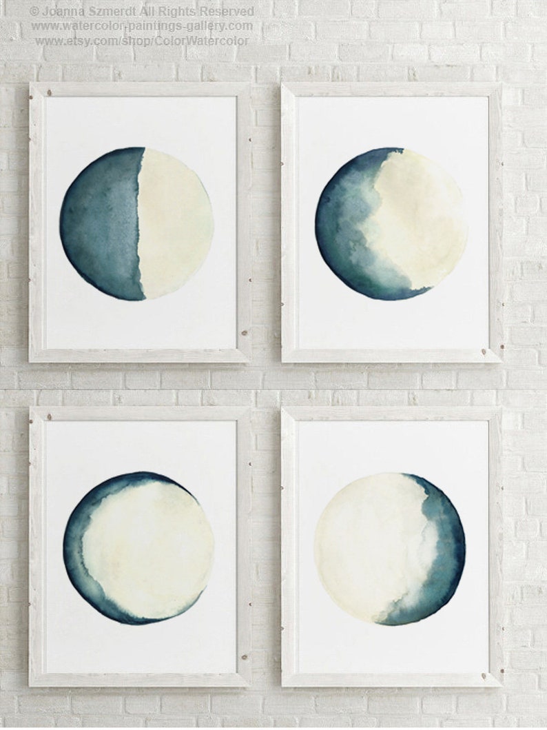 Full Moon Poster Bedroom shops Wall Decoration Abstract Moon set 4 Phases, Blue Yellow Print Wall Art Living Room Art Print Home Illustration