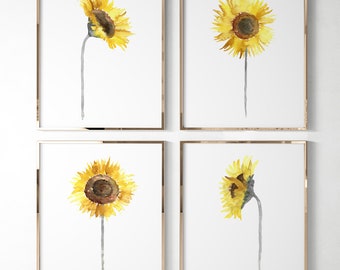 Watercolor Sunflower, Yellow Wall Art, set of 4 Botanical Prints, Floral Decor Minimalist Poster, Living Room Gift Idea