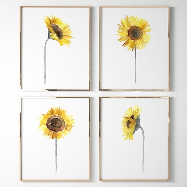 Aquarell-Sonnenblume, gelbe Wandkunst, Set mit 4 botanischen Drucken, florales Dekor, minimalistisches Poster, Geschenkidee für das Wohnzimmer