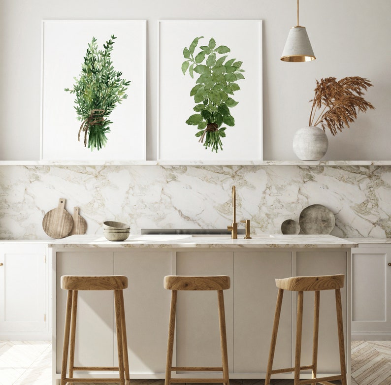 kitchen wall decor art prints - botanical prints -... Thyme Basil Watercolor Print Set: Botanical Kitchen Wall Art - Etsy