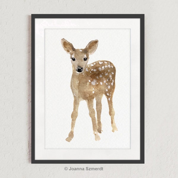 Fawn Painting Nursery Wall Art, Watercolor Deer Poster, Modern Kids Room Decor Minimalist Artwork, Abstract Birthday Gift Idea Doe Art Print