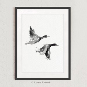 May include: Black and white watercolor painting of two ducks in flight. The ducks are painted in a minimalist style with simple lines and shapes.