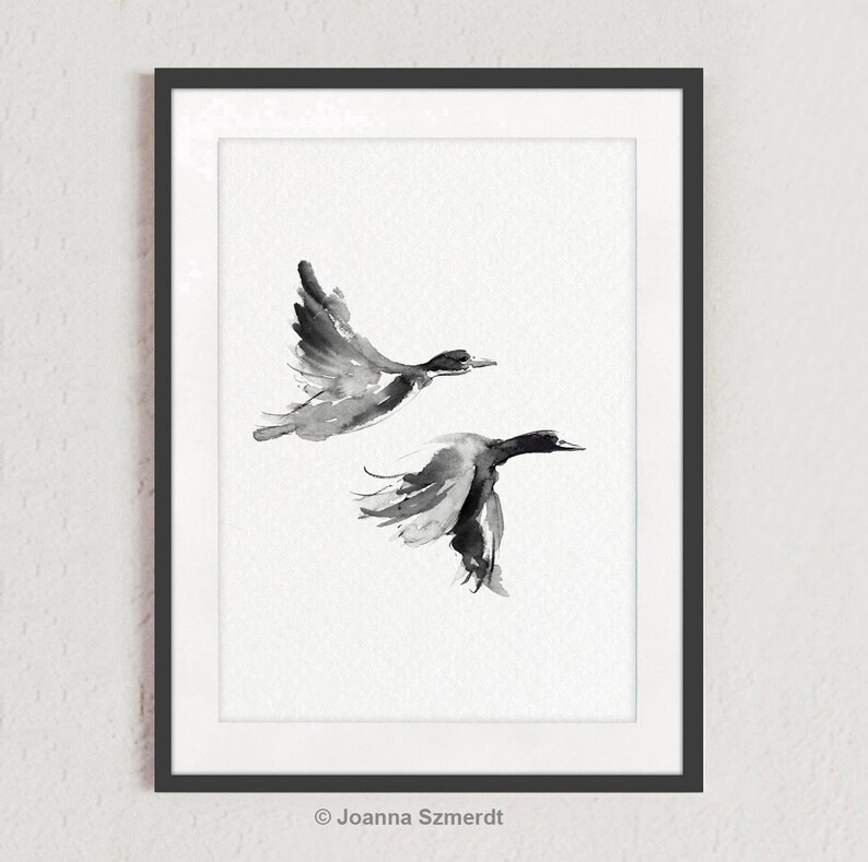 May include: Black and white watercolor painting of two ducks in flight. The ducks are painted in a minimalist style with simple lines and shapes.
