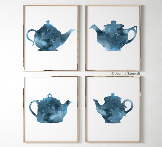 Teapot Art Print Teapot Set of 4 Prints Blue Kitchen Wall Etsy