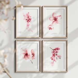 Cherry Blossom Art Print, Cherry Blossom Painting, Cherry Blossom Wall Art, Pink Cherry Blossom Flower set of 4 Prints Mothers DayPainting image 7