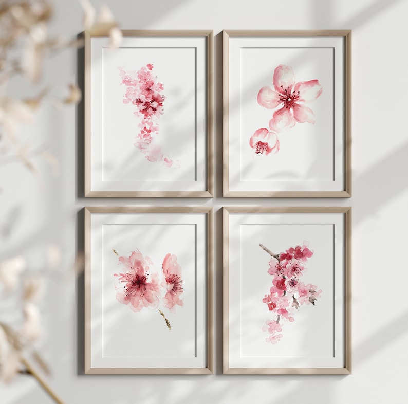 Cherry Blossom Art Print, Cherry Blossom Painting, Cherry Blossom Wall Art, Pink Cherry Blossom Flower set of 4 Prints Mothers DayPainting image 7