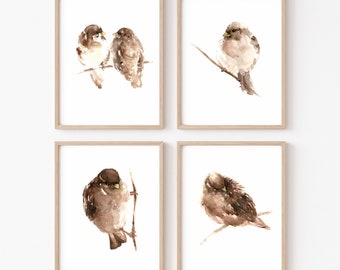 Sparrow Art Print Set: Minimalist Bird Watercolor Painting, Modern Home Decor