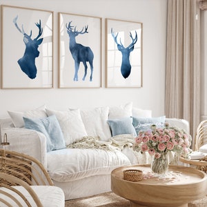 Deer Home Decor, Antlers Wall Decor, Deer Illustration set of 3 Wall Decor, Deer Head Art Minimalist Silhouette, Blue Deer Art Print