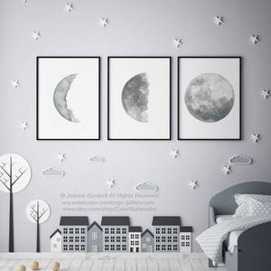 Leinwand Mond Set 3 Mondphasen Kunstdrucke, Grau Silber Blau Illustration Mondphasen Halloween Wandbild Vollmond Zeichnung Wanddekor