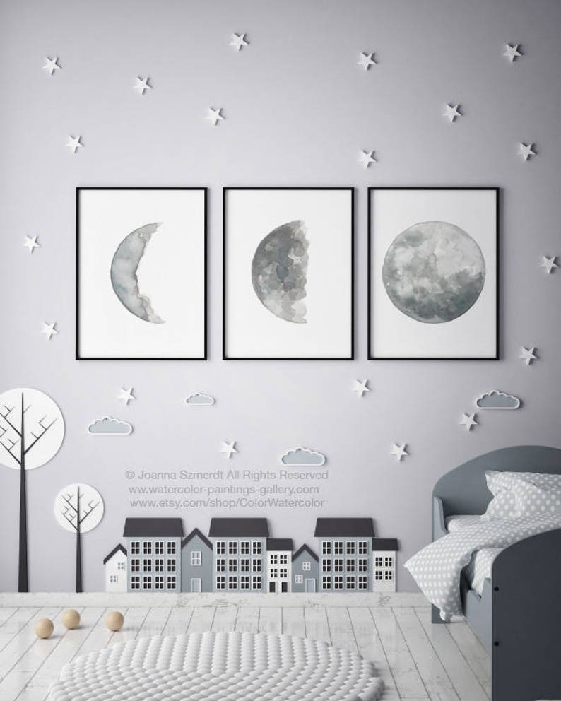 Canvas Moon set 3 Moon Phase Art Prints, Gray Silver Blue Illustration Phases of the Moon Halloween Wall Art Full Moon Drawing Wall Decor image 1