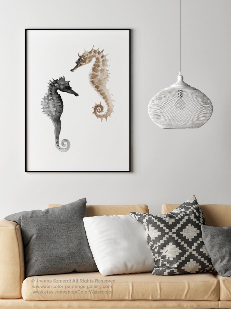 Caballitos de mar acuarela pintura arte moderno marrón gris | Etsy