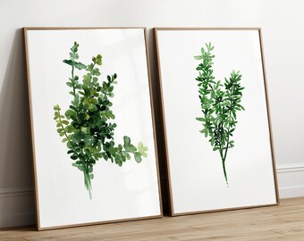 set of 2 Kitchen Prints, Kitchen Wall Art set, Kitchen Gallery, Minimalist Wall Decor, Herb Prints, Thyme Painting