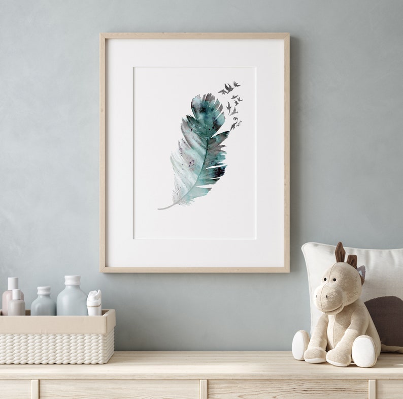 Feather Art Prints Feather With Birds Print Feather Wall Etsy