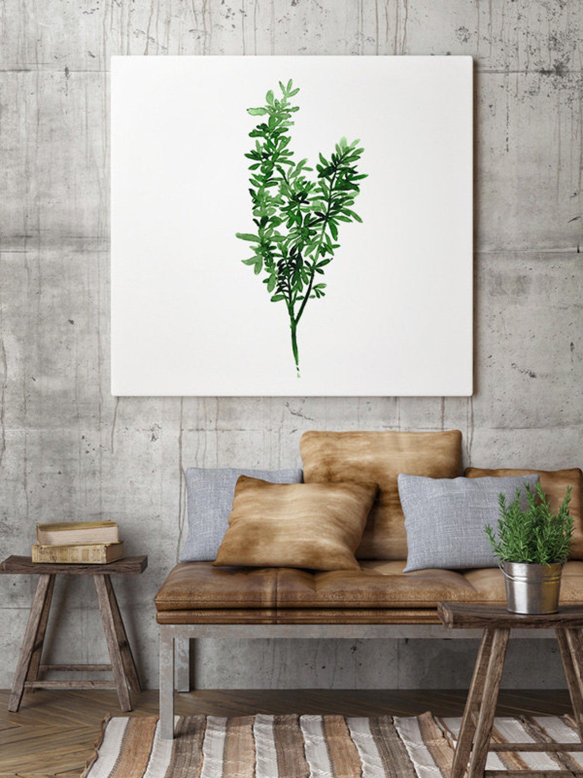 Thyme Kitchen Painting Green Leaves Watercolor Kitchen Etsy