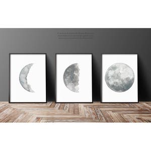 Canvas Moon set 3 Moon Phase Art Prints, Gray Silver Blue Illustration Phases of the Moon Halloween Wall Art Full Moon Drawing Wall Decor image 3