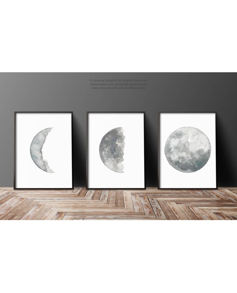 Canvas Moon set 3 Moon Phase Art Prints, Gray Silver Blue Illustration Phases of the Moon Halloween Wall Art Full Moon Drawing Wall Decor image 3