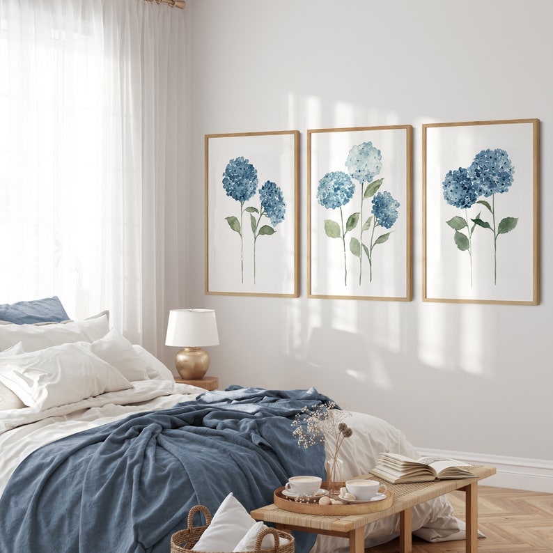 Hydrangea Wall Art, Hydrangea Art Print, Blue Flower Set of 3 - Etsy