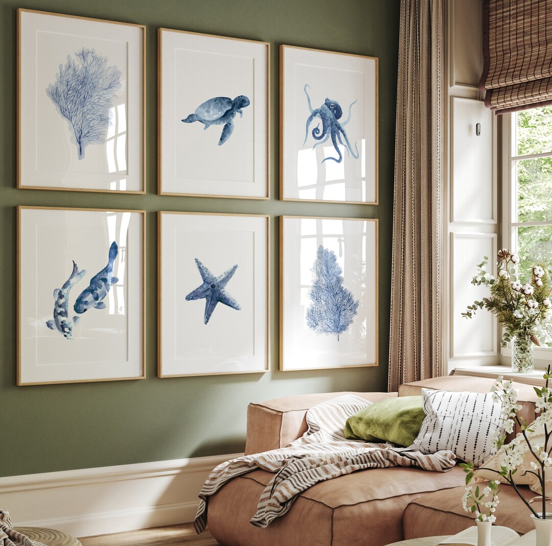 Ocean Wall Art. Blue Coastal Wall Decor. Modern Poster Sea Life Living ...
