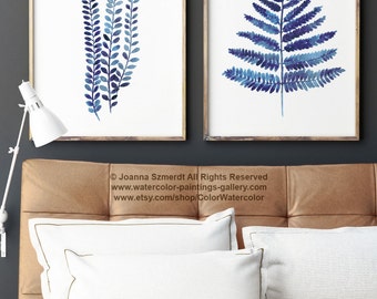 Fern Art Botanical Print Home Decor, 2 Ferns, Leaf Watercolor Painting, Fern Wall Art Blue Illustration, Woodland Nature Minimalist Set